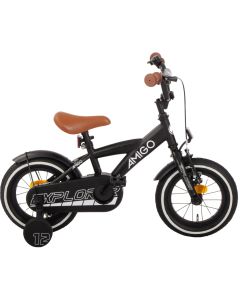 AMIGO Explorer 12 inch jongensfiets zwart/wit – volledig zijaanzicht met bruine accenten, reflectoren en afneembare zijwielen.